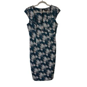 White‎ House Black Market Dress Size 10 Teal Black White Chevron Sheath
